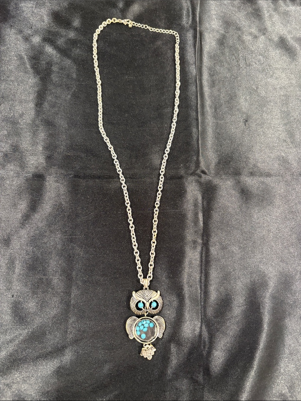 Silver Owl Pendant Necklace with Turquoise Accents